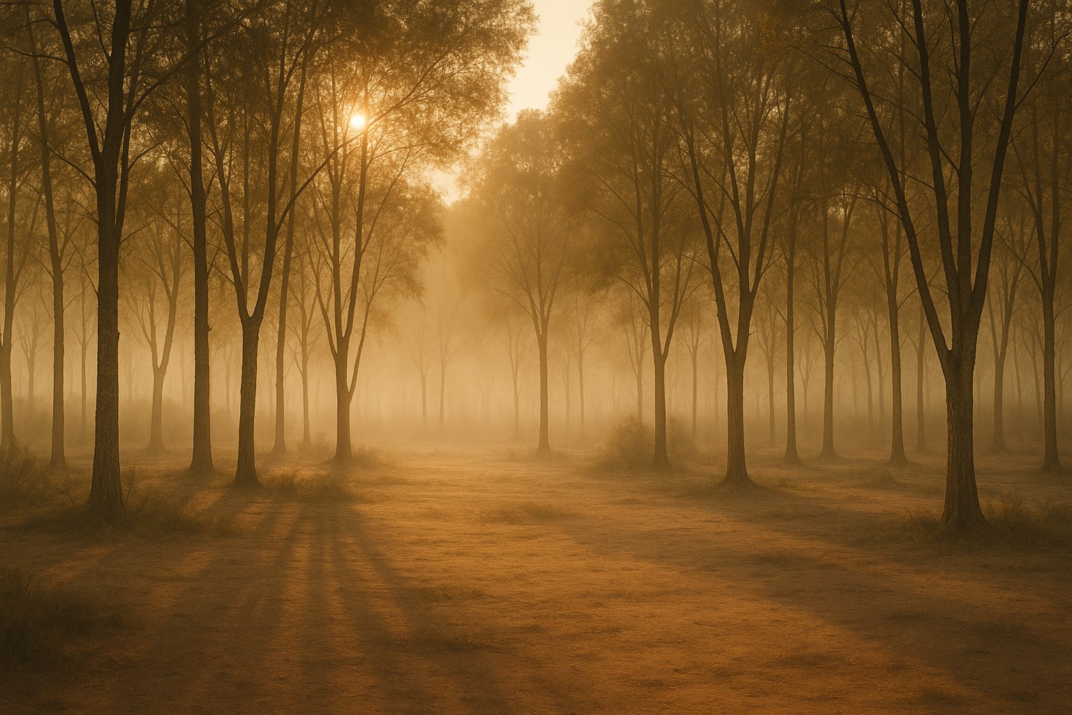 Warm morning light reaching open ground in a quiet grove
